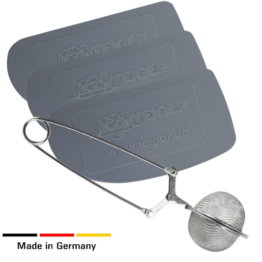 Teiger 3 x Teigschaber + Feinsieb, Teigkarte, Mehlsieb, Spartel, Sieb