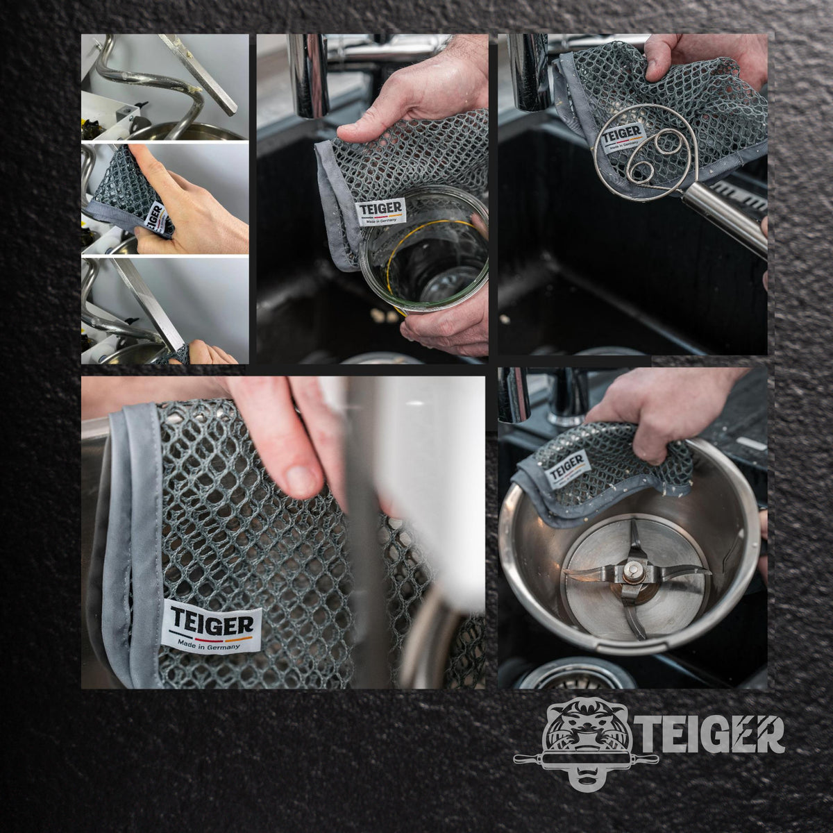 Teiger® Reinigungstuch im Einsatz an Schüsseln und Küchenflächen
