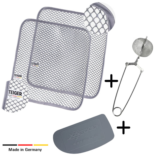 Teiger Max Bundle: 2 x Teigreinigungstuch (Doppelpack) + Feinsieb + Teigschaber