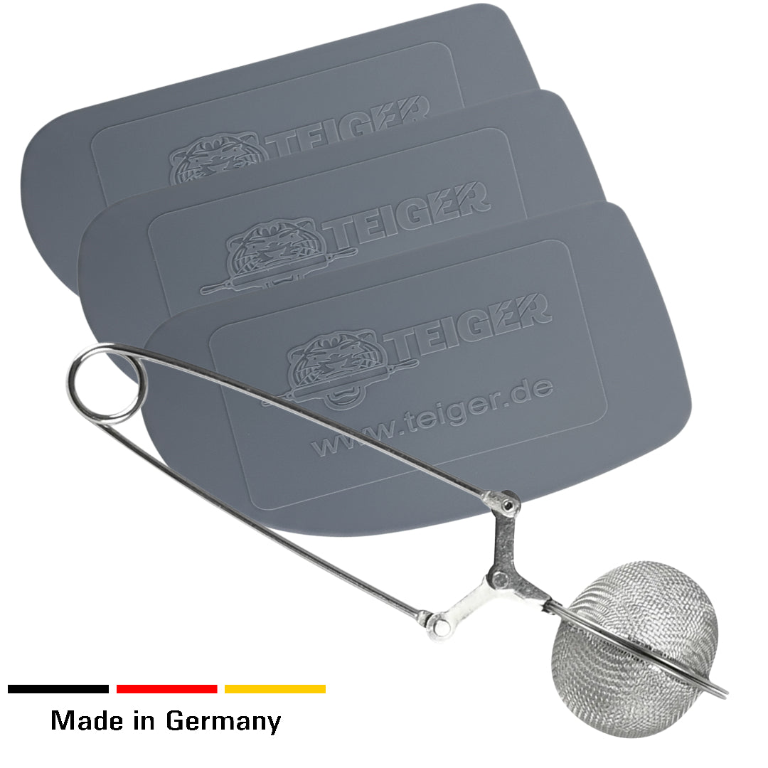 Teiger 3 x Teigschaber + Feinsieb, Teigkarte, Mehlsieb, Spartel, Sieb