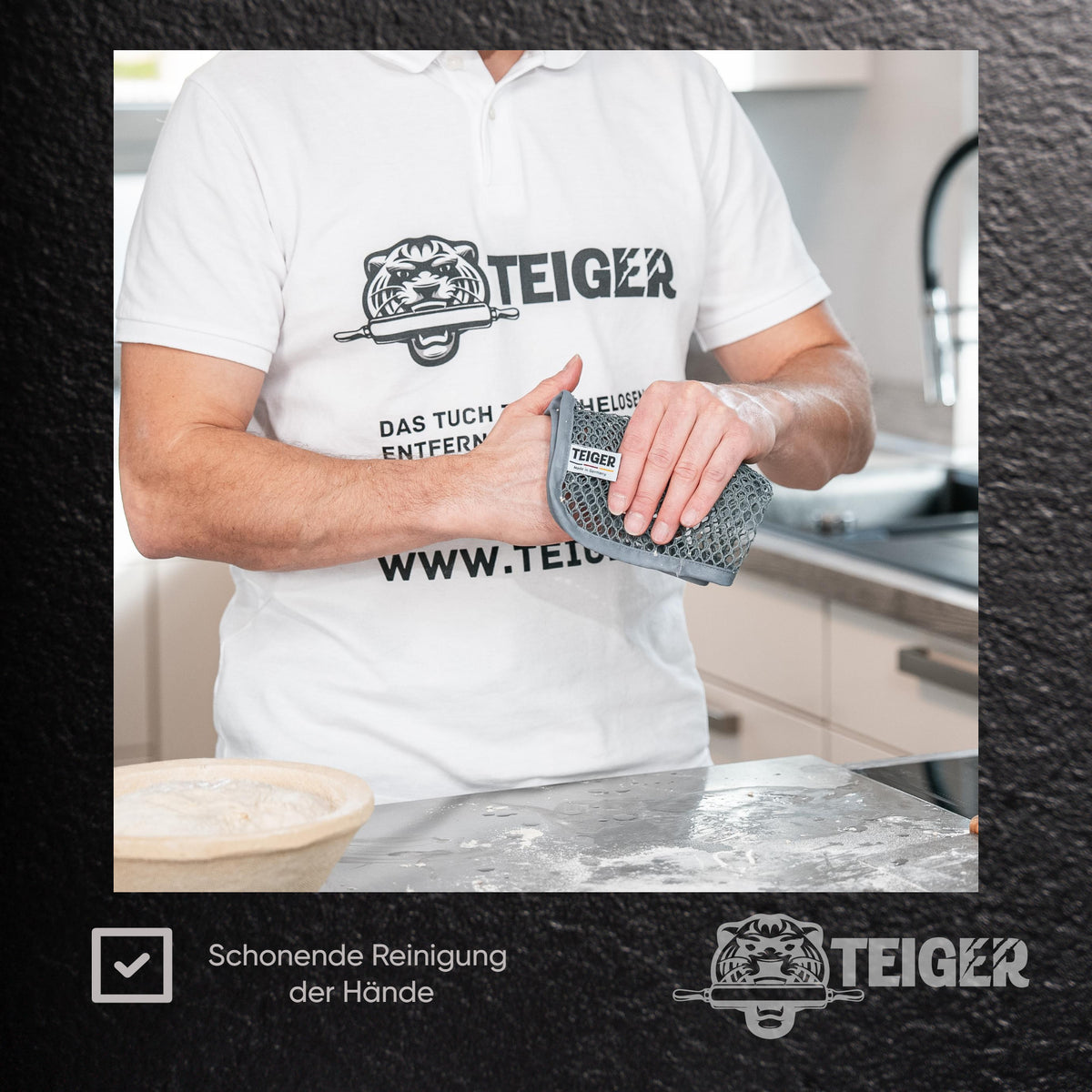 Teiger® Reinigungstuch in den Händen beim Einsatz in der Küche