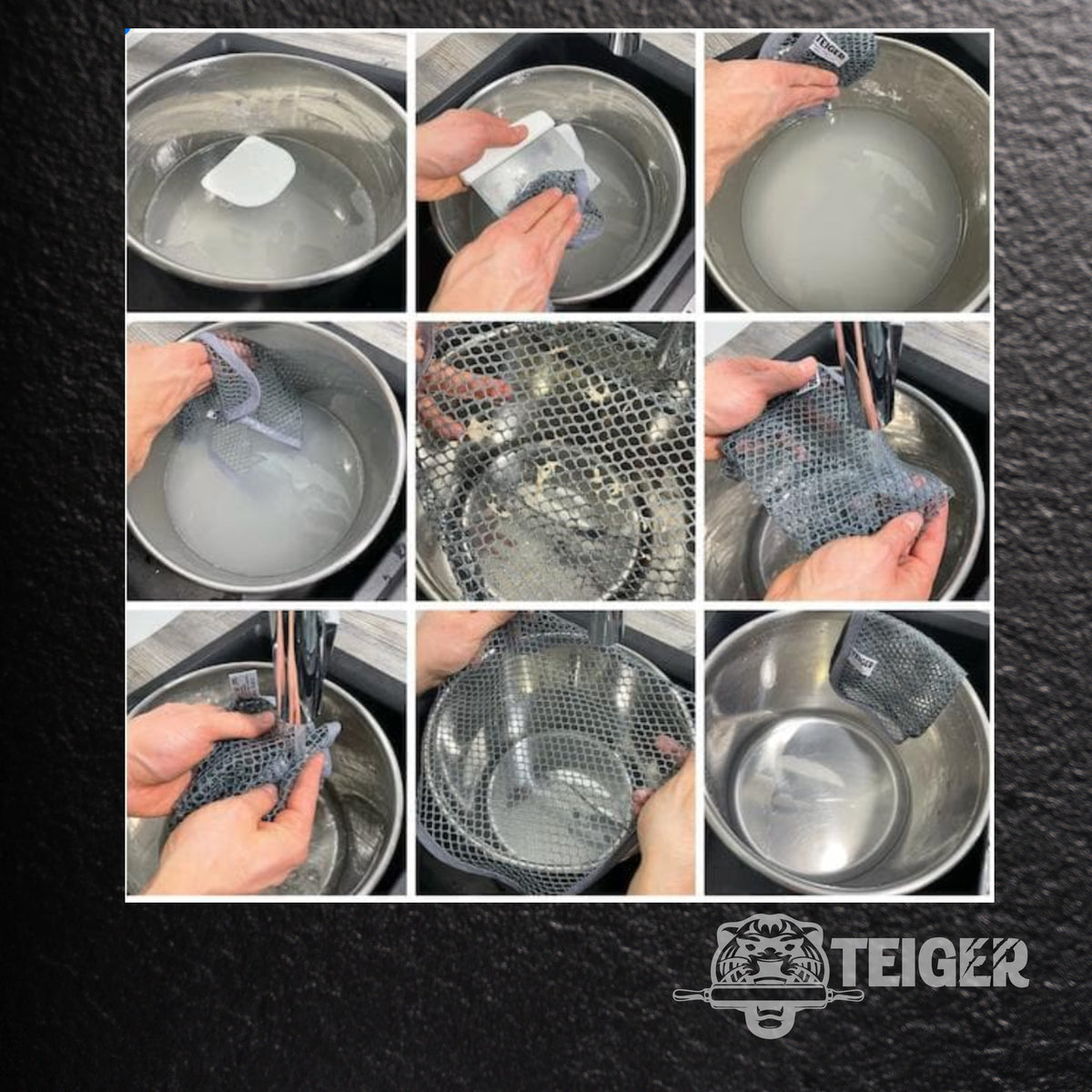 Collage mit Anwendungen des Teiger® Reinigungstuchs in der Küche