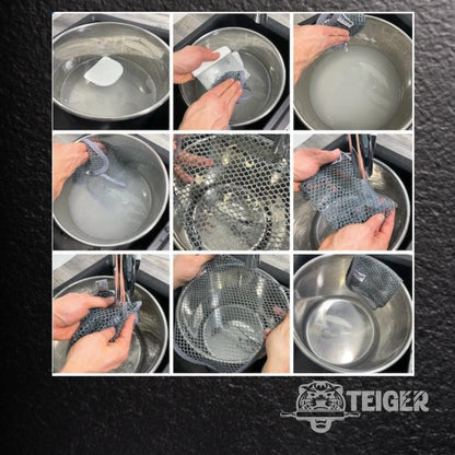 Collage mit Anwendungen des Teiger® Reinigungstuchs in der Küche