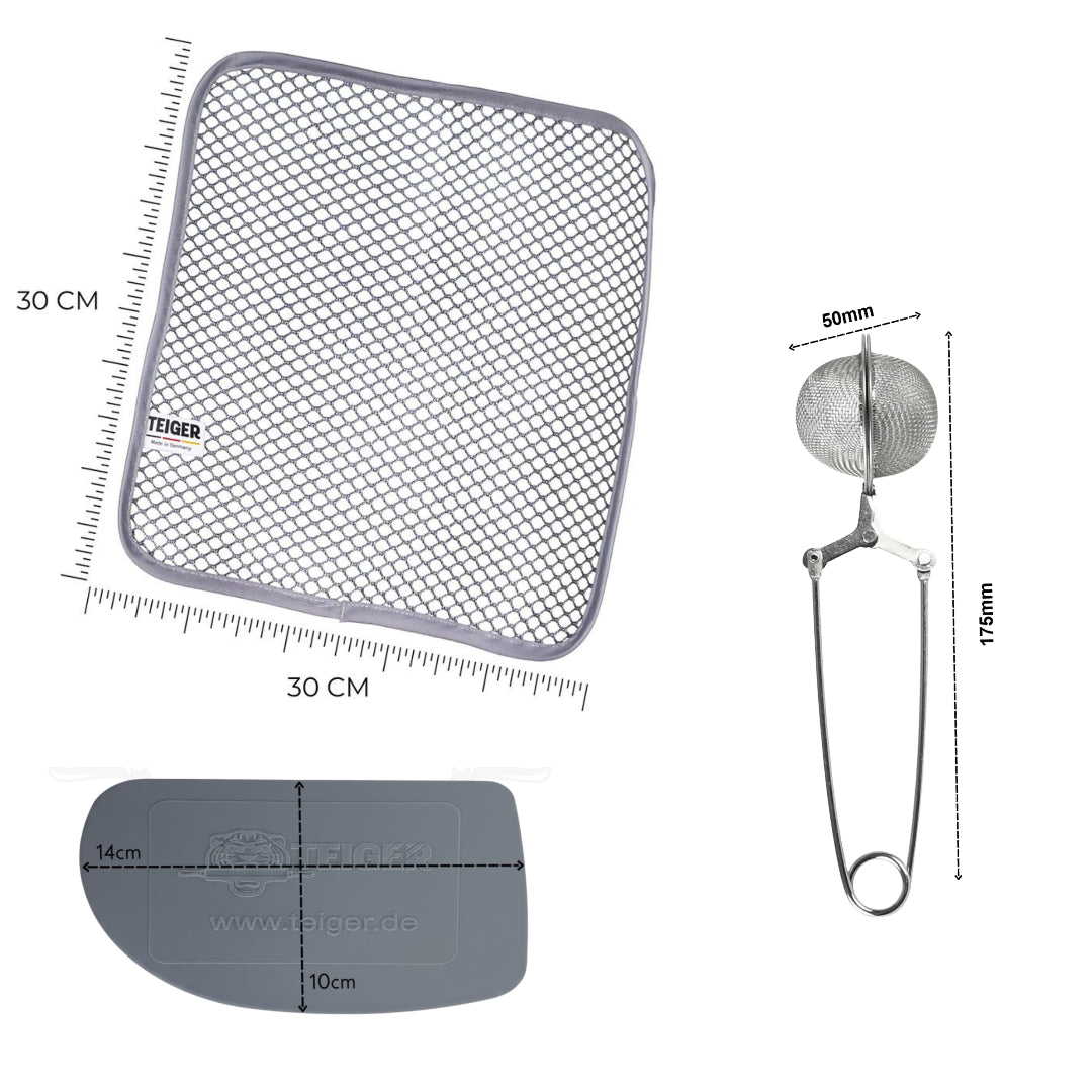 Teiger® Max Bundle mit Maßen von Reinigungstuch, Teigschaber und Feinsieb