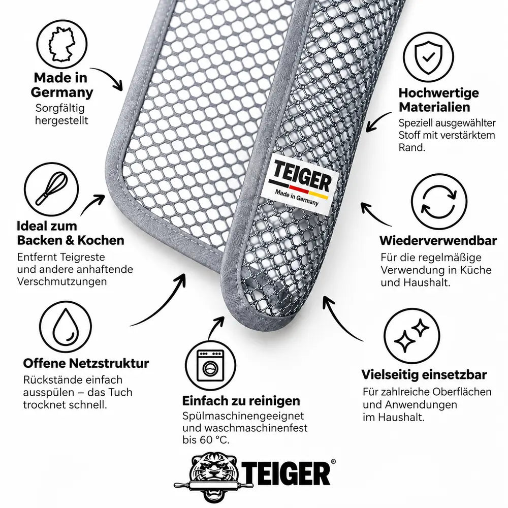 Teiger® Reinigungstuch mit offener Netzstruktur, Made in Germany, wiederverwendbar und spülmaschinengeeignet