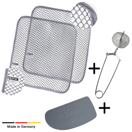Teiger® Max Bundle mit 2 Reinigungstüchern, Schab-Teiger® Teigschaber und Edelstahl-Feinsieb