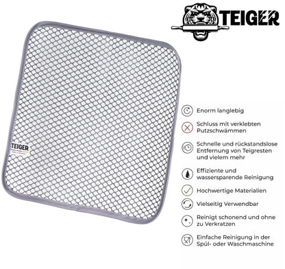 Teiger® Reinigungstuch mit Produktmerkmalen und offener Netzstruktur